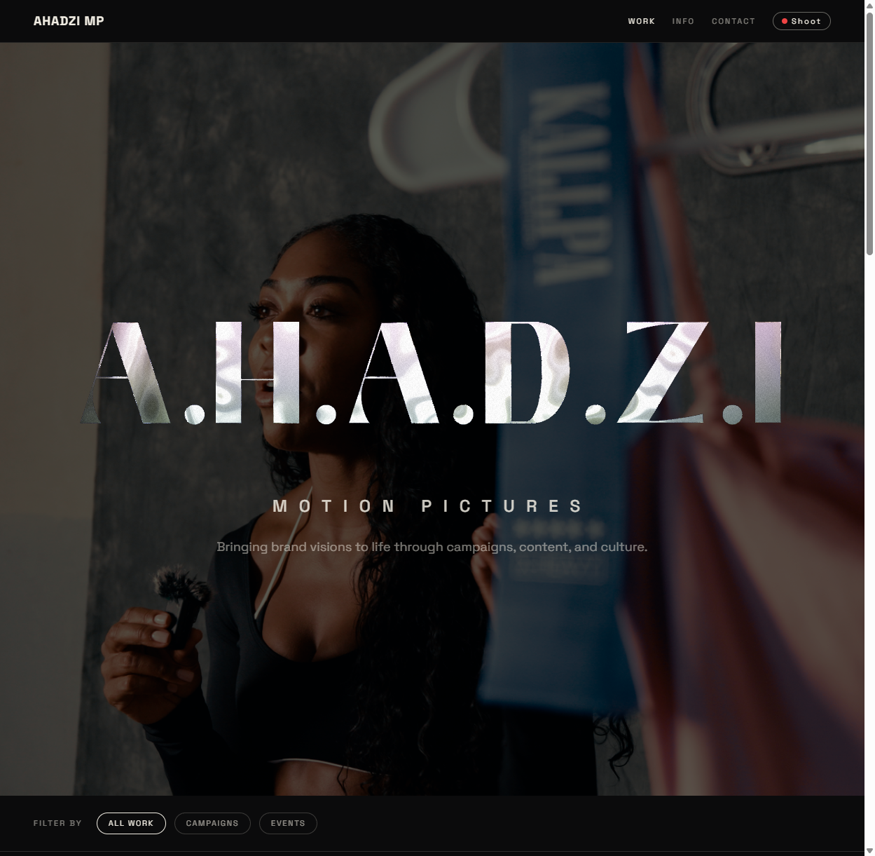 AHADZI MP website screenshot — cinematic portfolio site for A.H.A.D.Z.I Motion Pictures